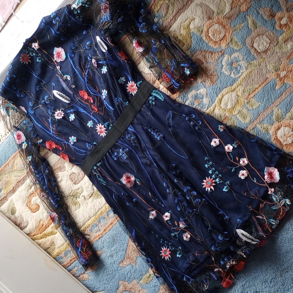 Floral Embroidered Navy Mini Dress
